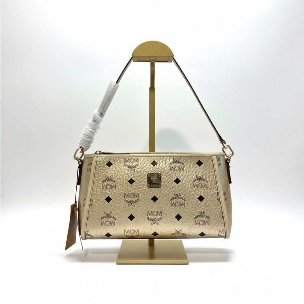 MCM Gold Beige Visetos Logo Shoulder Bag